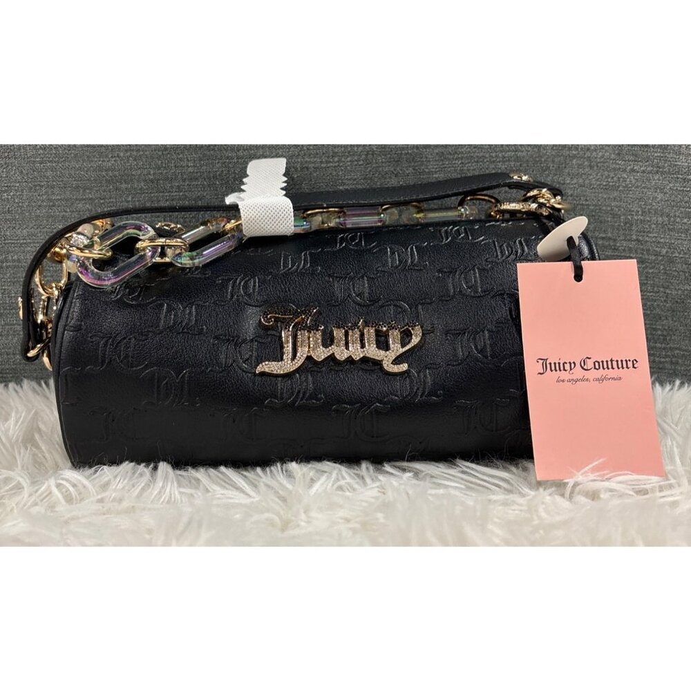 Juicy Couture Mini Barrel Bag Embossed Monogram Black Faux Leather Chain Strap
